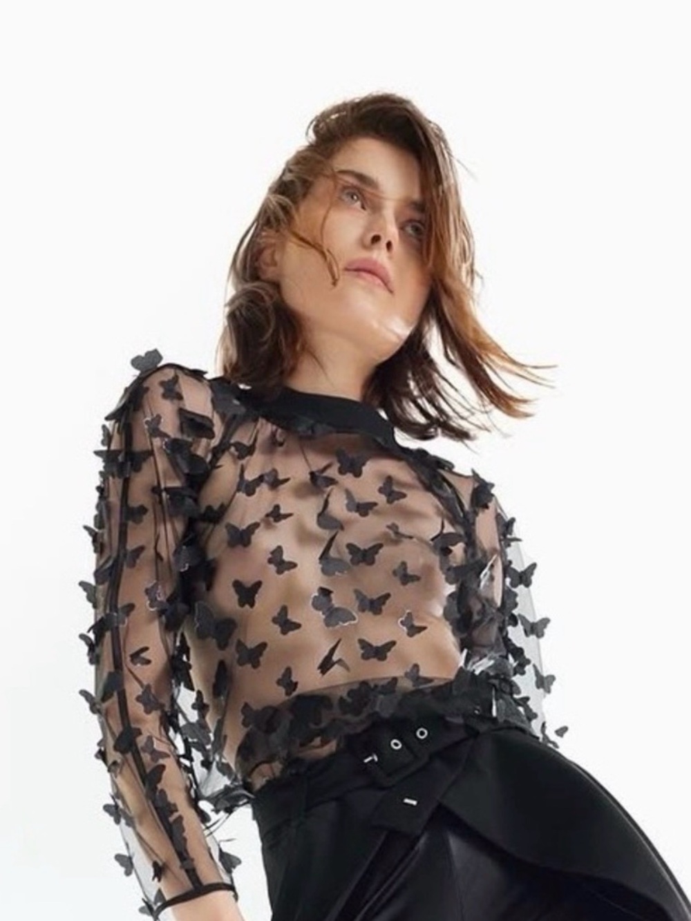 Julia Allert Sheer Black Butterfly Appliqué Long-Sleeve Top